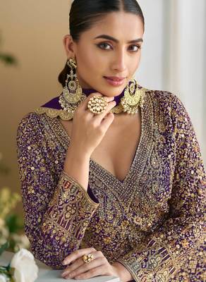Purple thread embroidery  sequins & stone  georgette  palazzo anarkali suit- full stitched free size 2