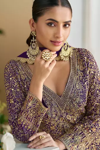 Purple thread embroidery  sequins & stone  georgette  palazzo anarkali suit- full stitched free size