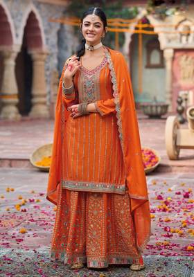 Orange embroidery & sequins chinnon palazzo straight suit- full stitched free size 1