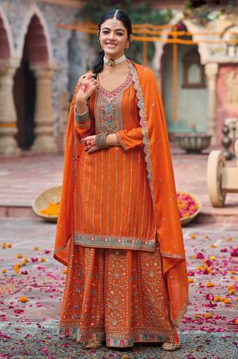 Orange embroidery & sequins chinnon palazzo straight suit- full stitched free size