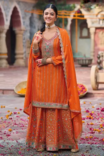 Orange embroidery & sequins chinnon palazzo straight suit- full stitched free size