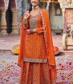 Orange embroidery & sequins chinnon palazzo straight suit- full stitched free size