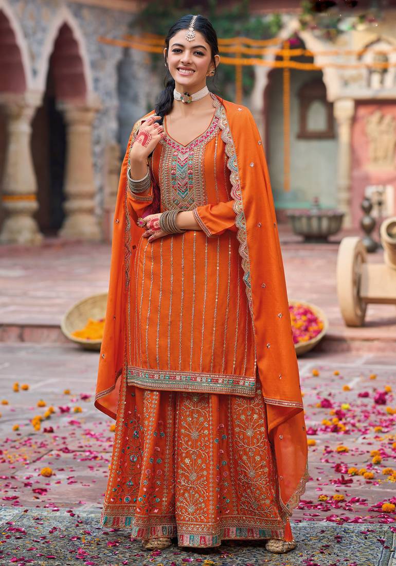 Orange embroidery & sequins chinnon palazzo straight suit- full stitched free size