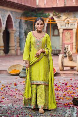 Lime green embroidery & sequins chinnon palazzo straight suit- full stitched free size 1