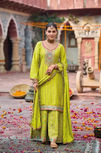 Lime green embroidery & sequins chinnon palazzo straight suit- full stitched free size