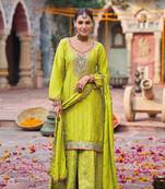 Lime green embroidery & sequins chinnon palazzo straight suit- full stitched free size