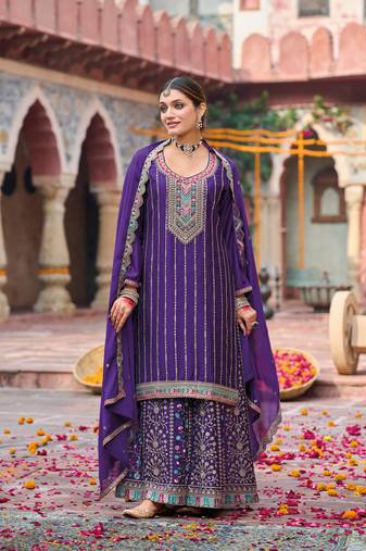 Purple embroidery & sequins chinnon palazzo straight suit- full stitched free size