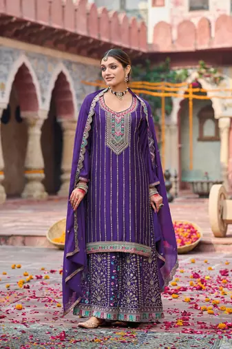 Purple embroidery & sequins chinnon palazzo straight suit- full stitched free size