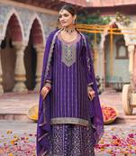 Purple embroidery & sequins chinnon palazzo straight suit- full stitched free size