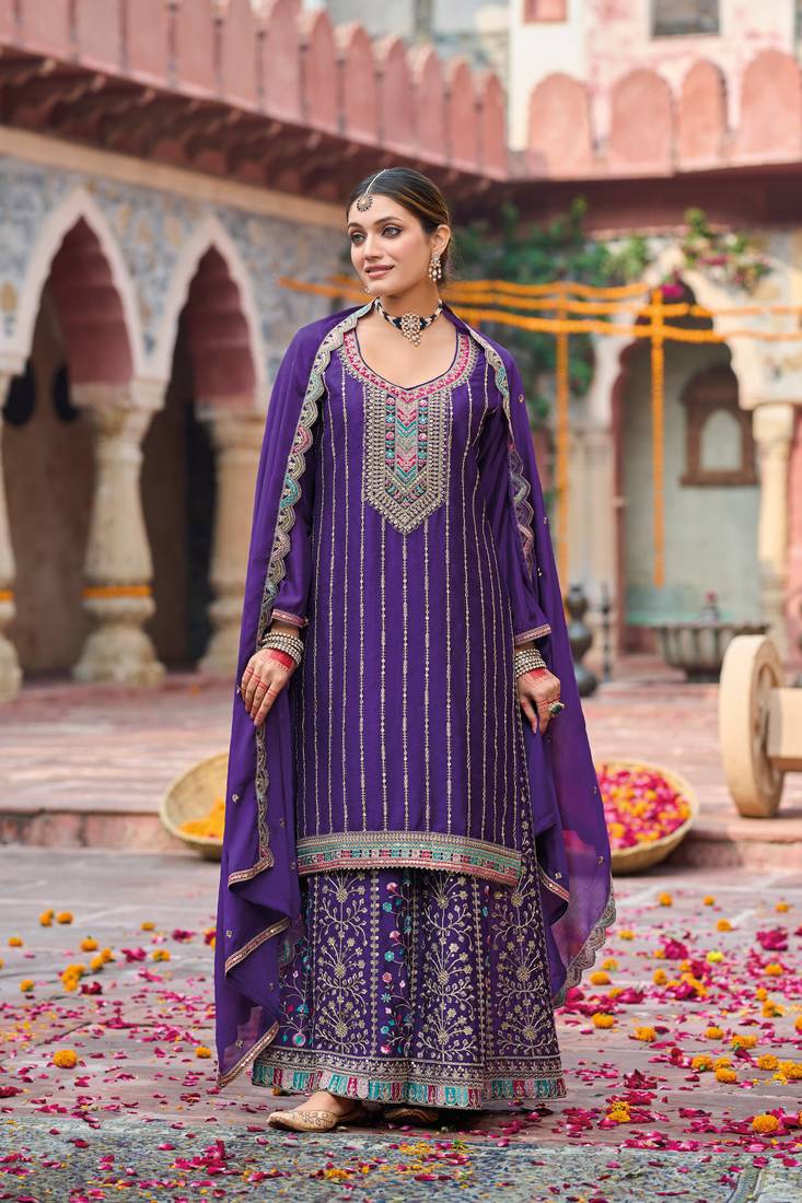 Purple embroidery & sequins chinnon palazzo straight suit- full stitched free size