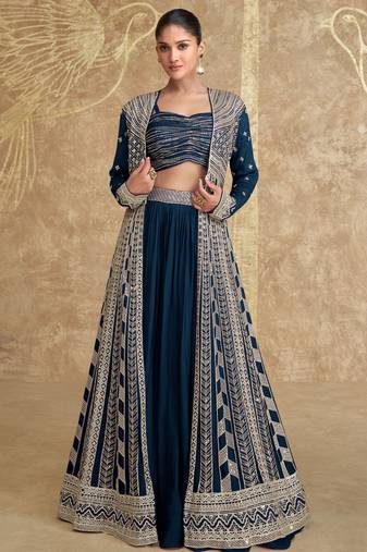 Blue embroidery & sequins chinnon silk jacket lehenga blouse- full stitched free size