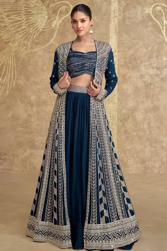Blue embroidery & sequins chinnon silk jacket lehenga blouse- full stitched free size