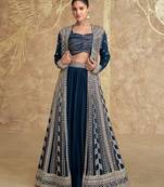 Blue embroidery & sequins chinnon silk jacket lehenga blouse- full stitched free size