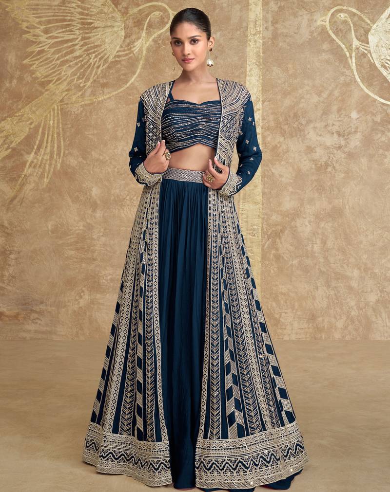 Blue embroidery & sequins chinnon silk jacket lehenga blouse- full stitched free size