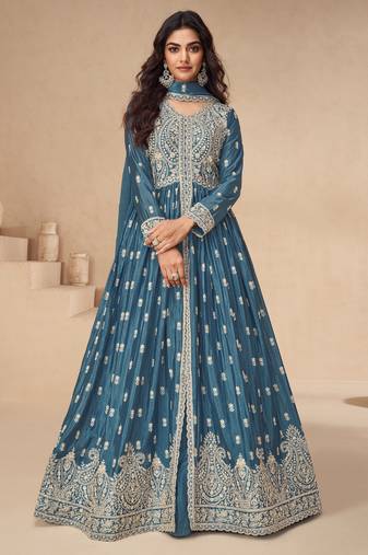 Blue embroidery & sequins chinnon silk lehenga anarkali suit- full stitched free size