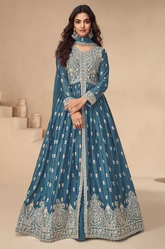 Blue embroidery & sequins chinnon silk lehenga anarkali suit- full stitched free size