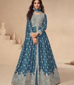 Blue embroidery & sequins chinnon silk lehenga anarkali suit- full stitched free size