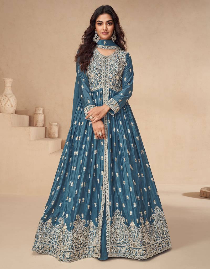 Blue embroidery & sequins chinnon silk lehenga anarkali suit- full stitched free size