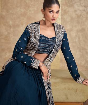 Blue embroidery & sequins chinnon silk jacket lehenga blouse- full stitched free size 2