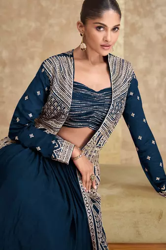 Blue embroidery & sequins chinnon silk jacket lehenga blouse- full stitched free size