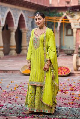 Lime green embroidery & sequins chinnon palazzo straight suit- full stitched free size 2