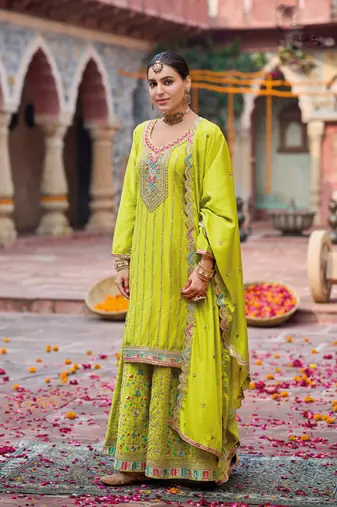 Lime green embroidery & sequins chinnon palazzo straight suit- full stitched free size