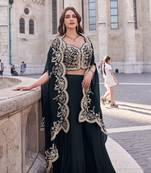 Navy blue embroidery & sequins silk jacket palazzo blouse- full stitched free size