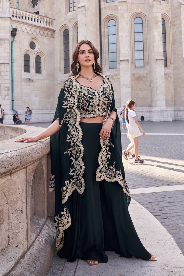 Navy blue embroidery & sequins silk jacket palazzo blouse- full stitched free size