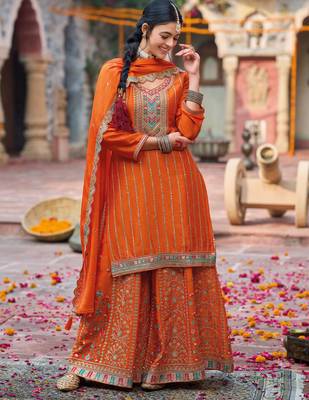 Orange embroidery & sequins chinnon palazzo straight suit- full stitched free size 2