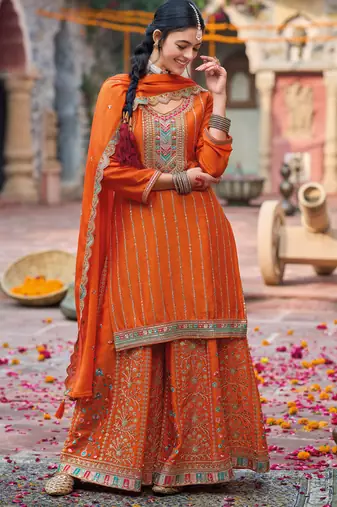 Orange embroidery & sequins chinnon palazzo straight suit- full stitched free size