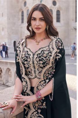 Navy blue embroidery & sequins silk jacket palazzo blouse- full stitched free size 2