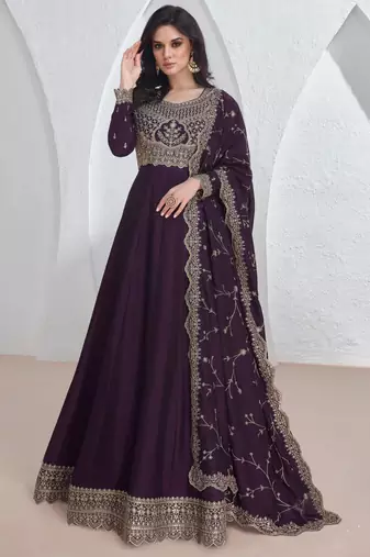 Purple embroidery & sequins silk dupatta gown- full stitched free size