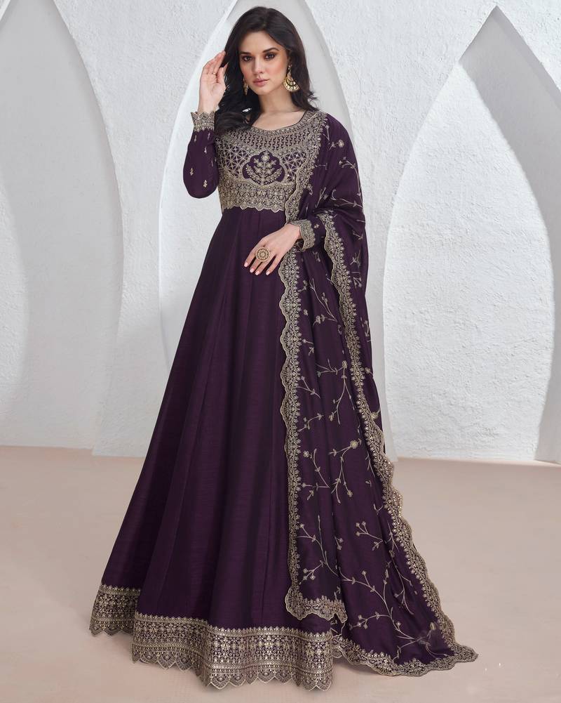 Purple embroidery & sequins silk dupatta gown- full stitched free size