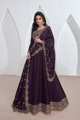 Purple embroidery & sequins silk dupatta gown- full stitched free size 2