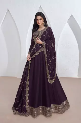 Purple embroidery & sequins silk dupatta gown- full stitched free size