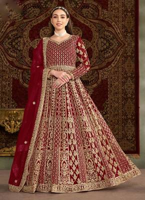 Maroon embroidery & sequins net dupatta gown- full stitched free size 1