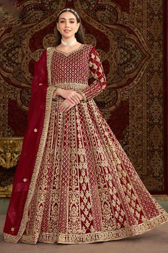 Maroon embroidery & sequins net dupatta gown- full stitched free size