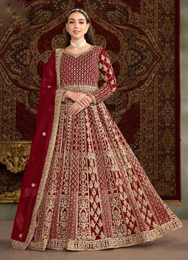 Maroon embroidery & sequins net dupatta gown- full stitched free size