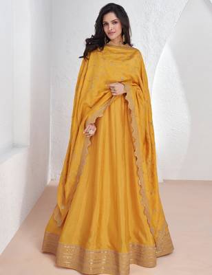 Mustard embroidery & sequins silk dupatta gown- full stitched free size 1