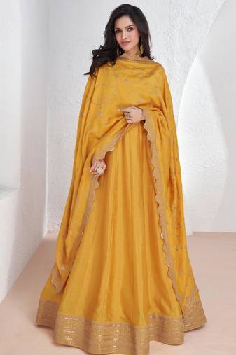 Mustard embroidery & sequins silk dupatta gown- full stitched free size