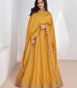 Mustard embroidery & sequins silk dupatta gown- full stitched free size