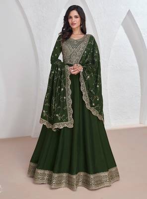 Green embroidery & sequins silk dupatta gown- full stitched free size 1