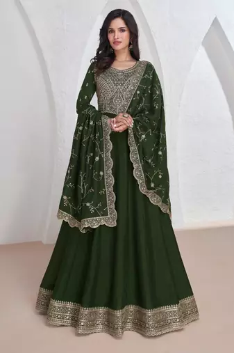 Green embroidery & sequins silk dupatta gown- full stitched free size