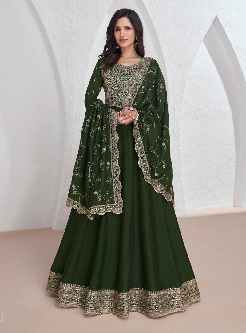 Green embroidery & sequins silk dupatta gown- full stitched free size