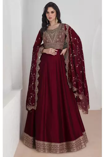 Wine embroidery & sequins silk dupatta gown- full stitched free size