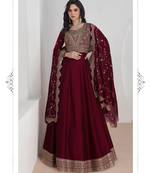 Wine embroidery & sequins silk dupatta gown- full stitched free size