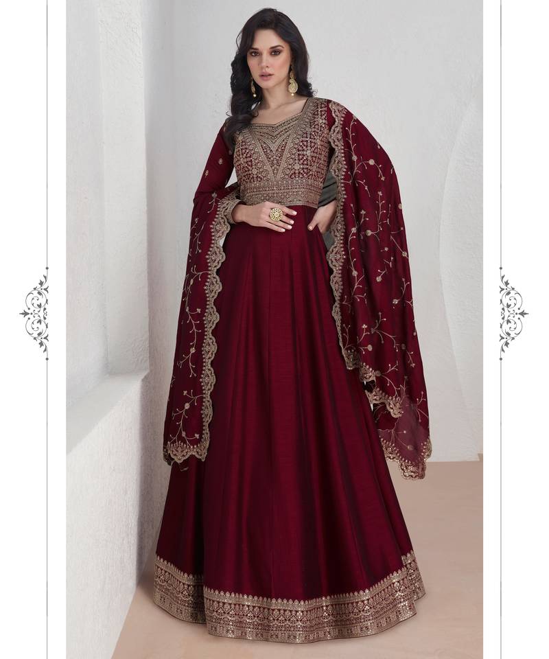 Wine embroidery & sequins silk dupatta gown- full stitched free size