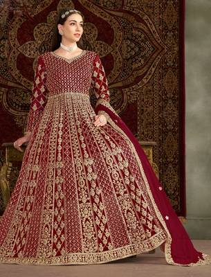 Maroon embroidery & sequins net dupatta gown- full stitched free size 2