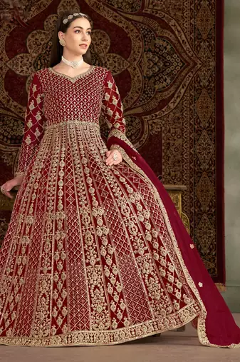 Maroon embroidery & sequins net dupatta gown- full stitched free size