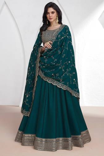 Teal blue embroidery & sequins silk dupatta gown- full stitched free size